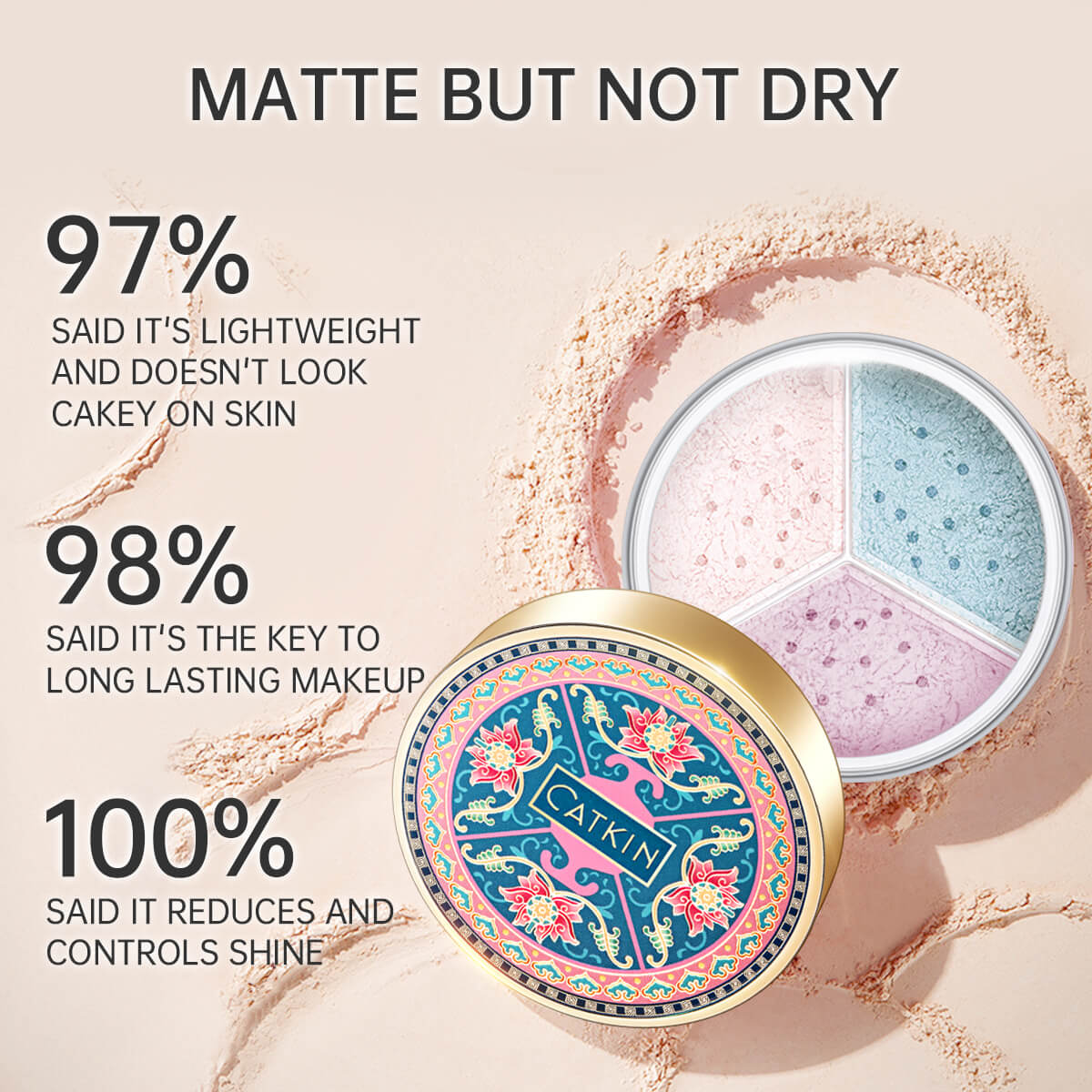 CATKIN Tri-color Lotus Loose Setting Powder Oil control Even Out Discoloration Matte Finish Face Makeup Long Lasting Longwear